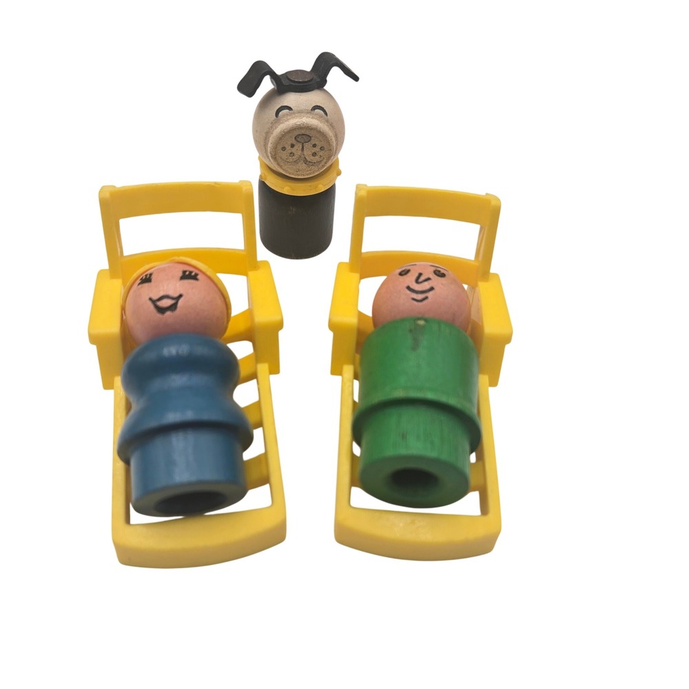 Vintage Fisher Price Little People Wood Figures Lucky Dog 2 Yellow Lounge Chairs